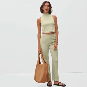 Everlane sage green rubbed flare pant and mock neck tank set